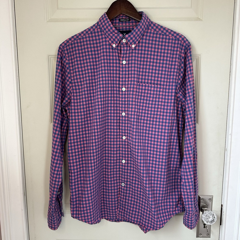 American Eagle Mens M Pink Blue Gingham Button Down Shirt Seriously Soft Cotton